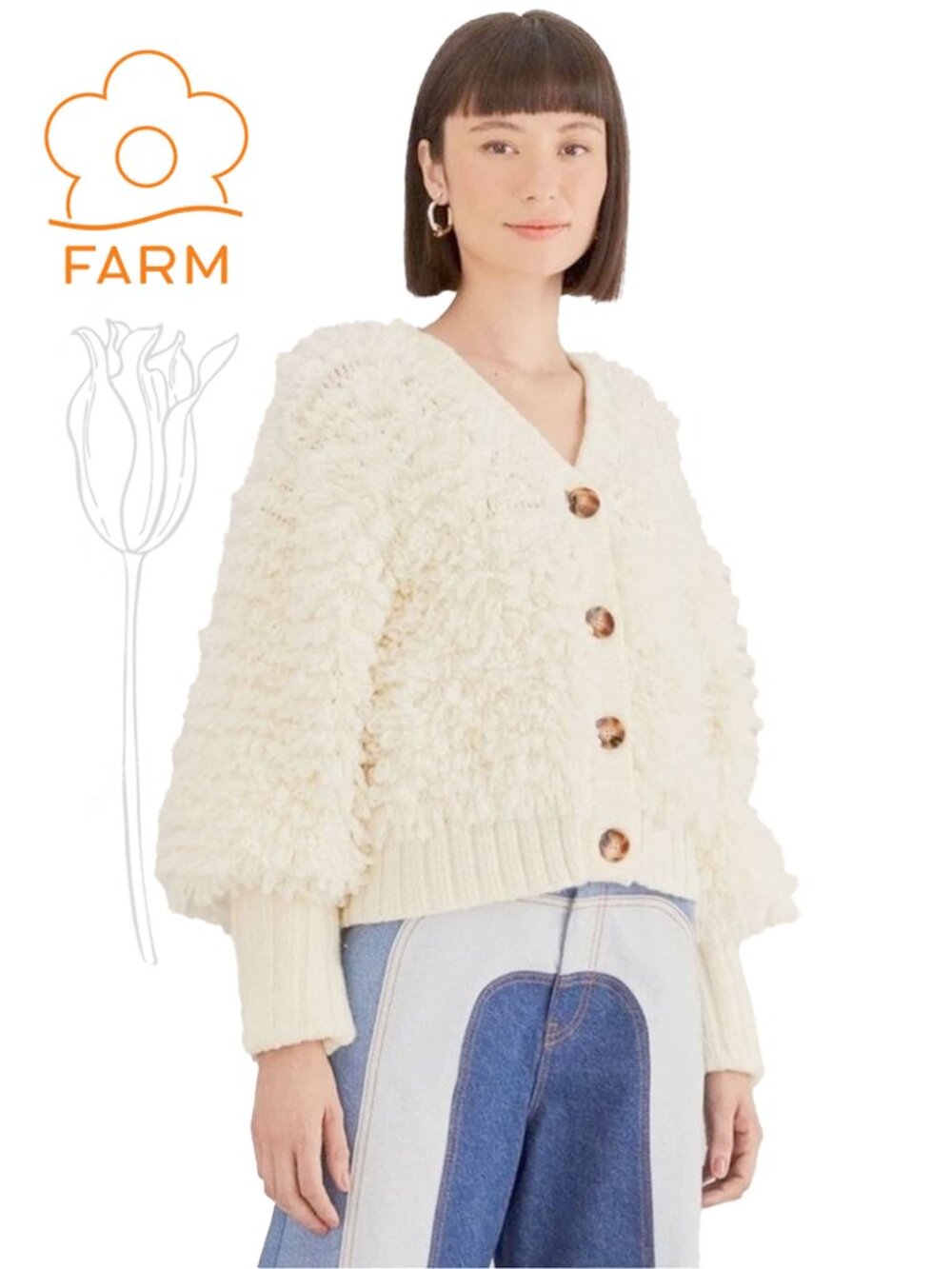 Farm Rio Off White Textured Loopy V-Neck Wool-Blend Cardigan